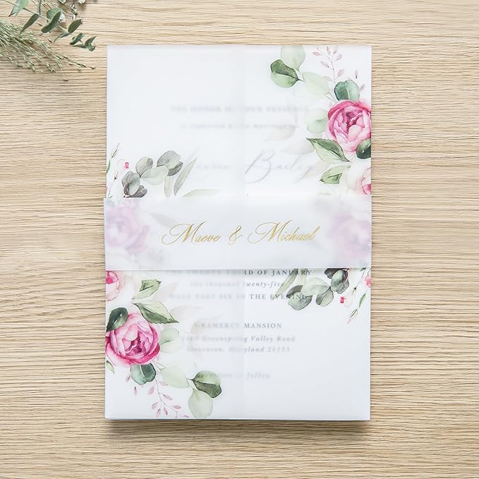 PONATIA 50 PCS Vellum Jackets for 5x7 Invitation Cards - Dusty Rose Flowers Vellum Sleeves, Transparent Gift Card Jackets