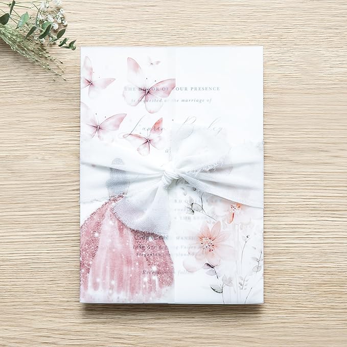 PONATIA 50 PCS Vellum Jackets for 5x7 Invitations - 135GSM Pink Girl Vellum Jacket Sleeves - Butterfly Quinceanera Invitations Wraps for XV Anos