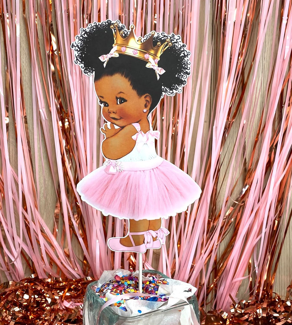 Little Princess Centerpieces Baby Shower Table Decoration 10 inches Pink Gold African American Black Royal Birthday Cake Topper (4)
