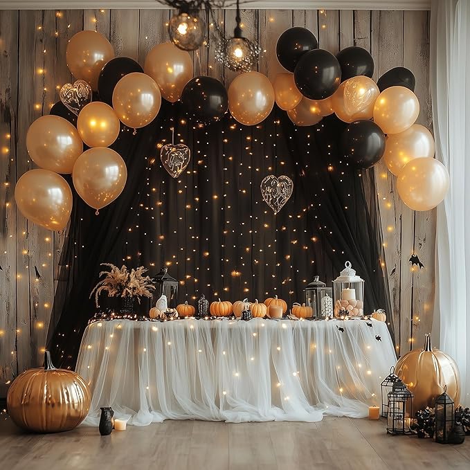 Fomcet Black Tulle Backdrop Curtains with Lights String 10FT X 10FT Sheer Curtains with Lights Tulle Curtain Backdrop for Wedding Birthday Party Photo Shoot (2 Panels 5x10FT)