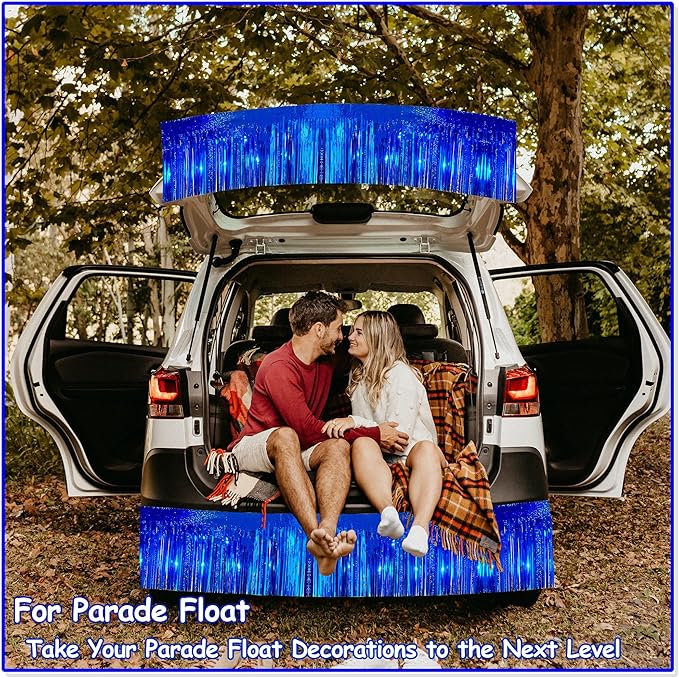 4 Pack 10 Feet Glitter Royal Blue Parade Float Decorations for Trailer Car, Glitter Foil Fringe Metallic Tinsel Streamers Banner Garland for Graduation Weeding Homecoming Birthday Party(Glitter-Blue)