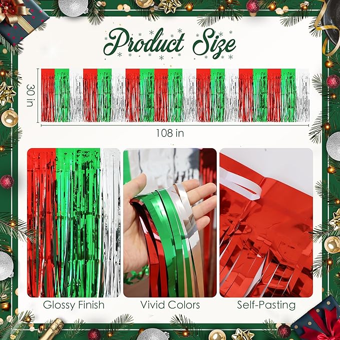 2 Pack Christmas Table Skirts, 29x108" Red & Silver & Green Metallic Foil Tinsel Fringe Table Skirts for Rectangle Tables Streamer Curtain Backdrop, Party Decoration for Xmas Birthday Wedding Holiday