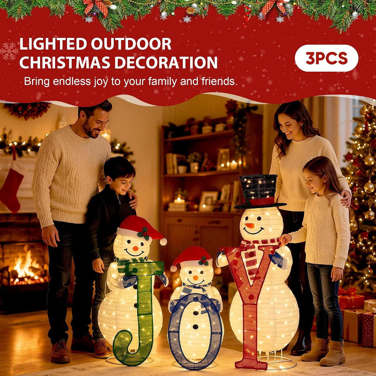 foowin lighted 3 pcs 3d outdoor snowman family, close-up detail