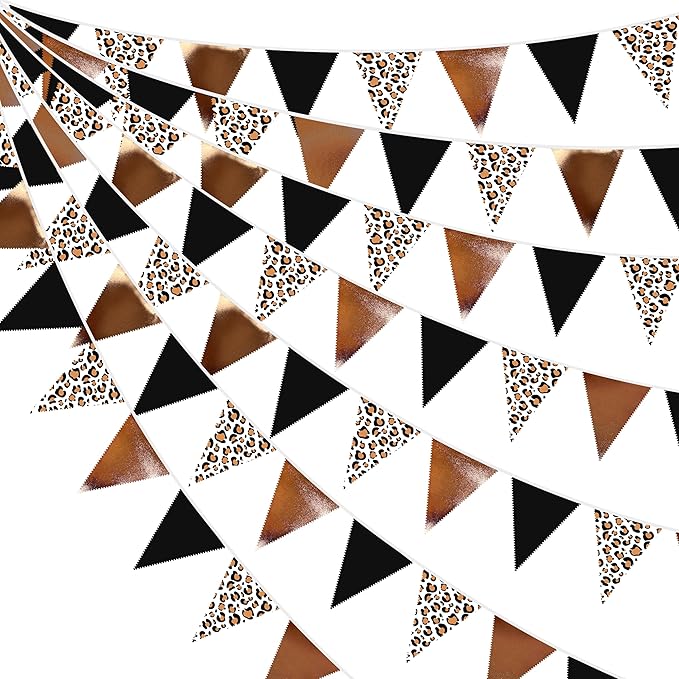32Ft Cheetah Party Decorations Metallic Brown Black Leopard Triangle Banner Flag Pennant Fabric Garland Streamers for Wild Animals Birthday Cheetah Baby Shower Jungle Safari Party Decor Supplies
