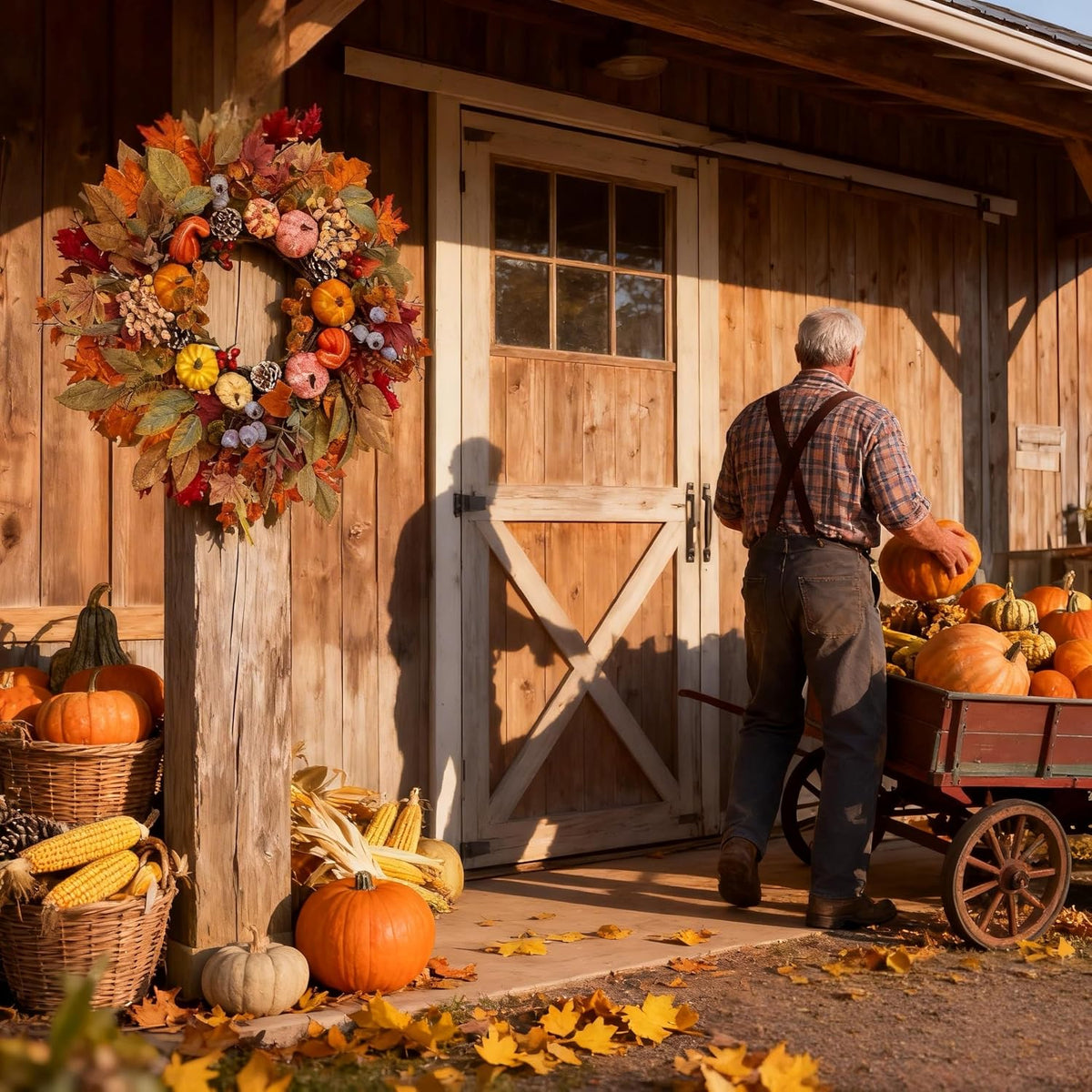 HipTree 24In Fall Wreath Pumpkin Maple Berry Front Door Thanksgiving Decor
