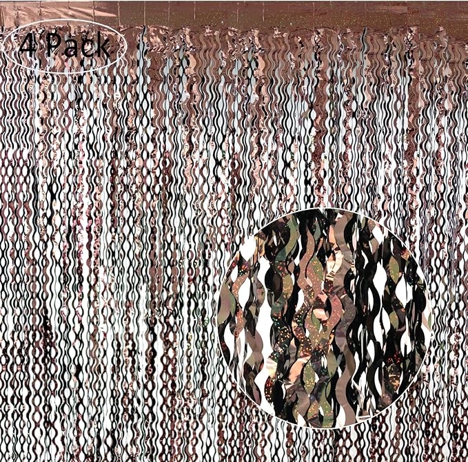 4Pcs Brown Metallic Wavy Tinsel Curtains - 3.3x6.6 ft Foil Curtain Backdrop for Birthday Party, Halloween Decor