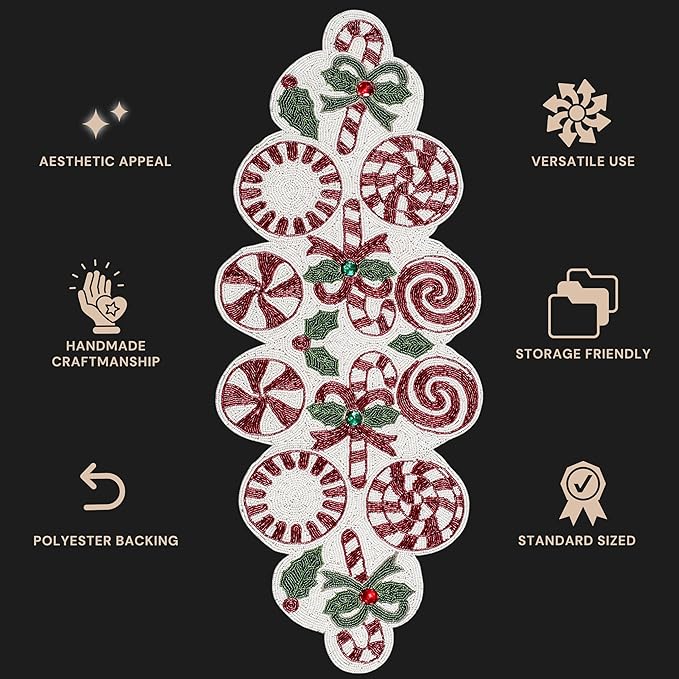 CLEENTABLE Handcrafted Beaded Table Runner – 36"x13" Art Deco Home Decor & Luxury Dinner Table Centerpiece in Vibrant Cherry Reddish with 85% Glass Beads, Durable Polyester Backing