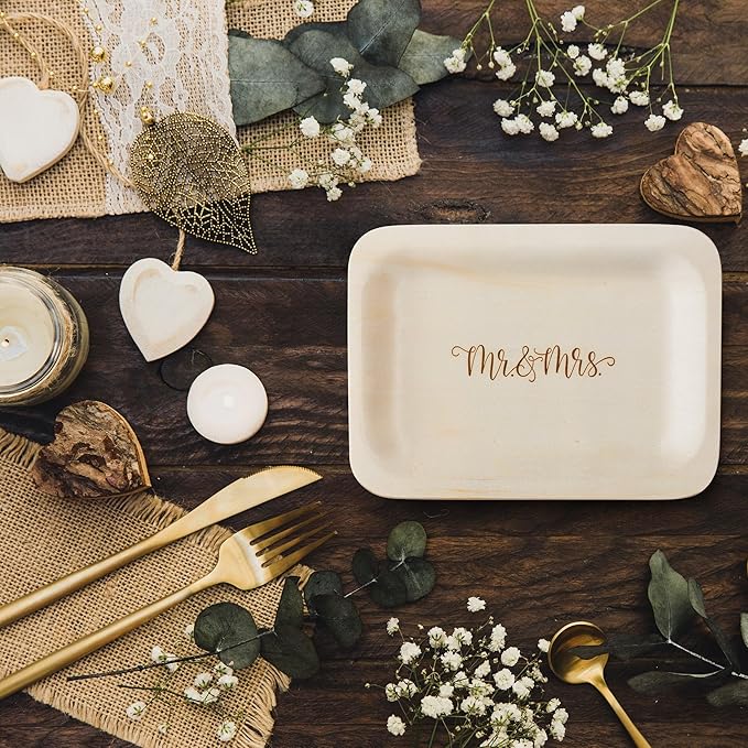 Mr. and Mrs. Disposable Wedding Plates – Rustic, Compostable Alternative to Plastic Plates for Wedding Receptions, Engagement Parties, and Rehearsal Dinners (Salad/Dessert, 50-Pack)