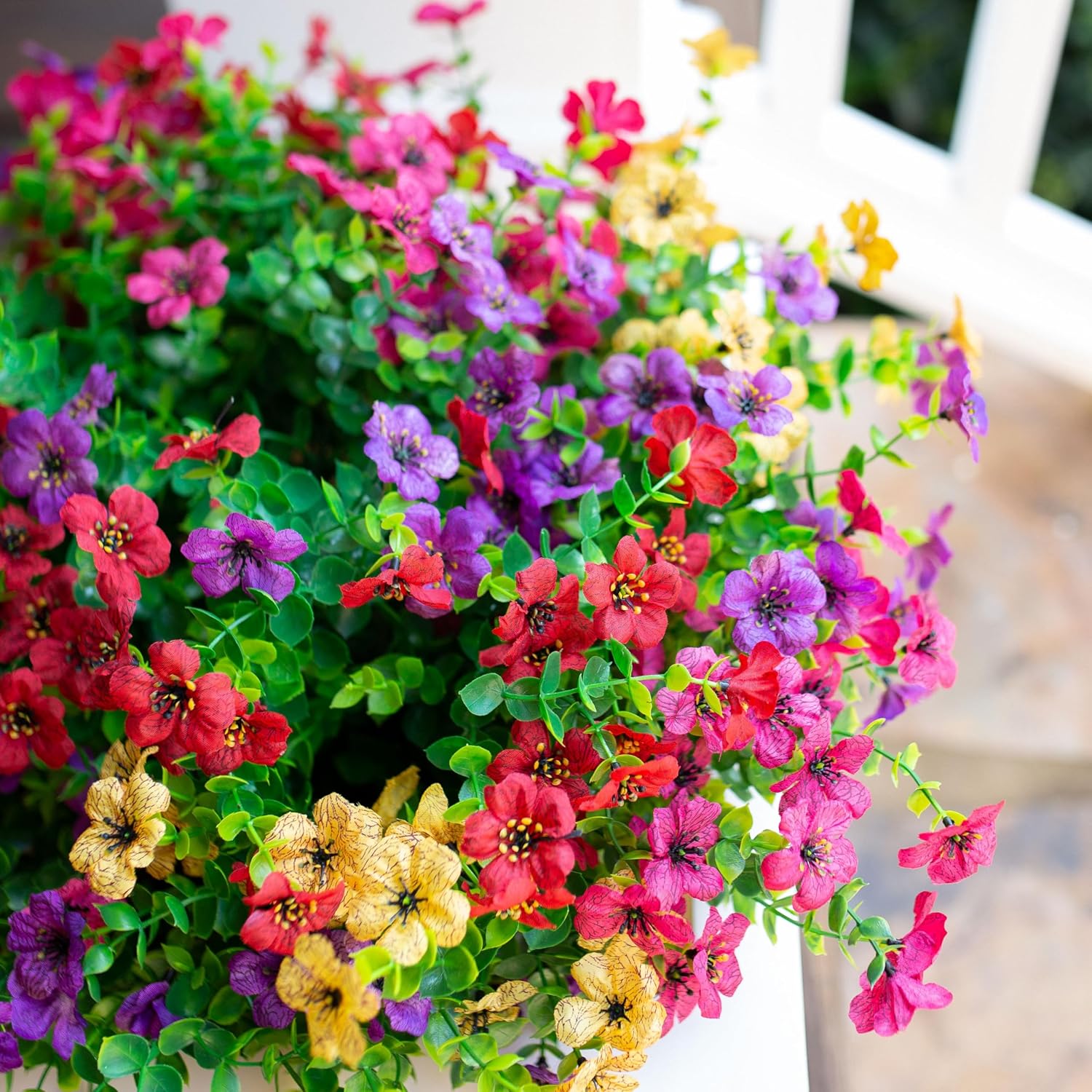 florisso Artificial Flowers for Outdoors Daisy 12 Bundles for Home Decoration, Faux Flower Fake Plants Outside Decoration with Eucalyptus UV Resistant for Planter Porch Patio Yard Garden Colorful