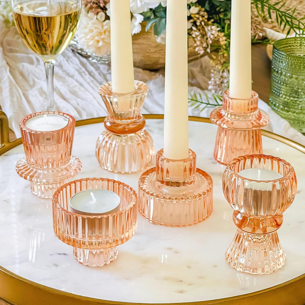 Kate Aspen Glass Taper Candle Holder Set of 6 - Rose Gold Ribbed Vintage Candlestick Votive Pillar Decorative Centerpiece for Dining Table Shelf Decor