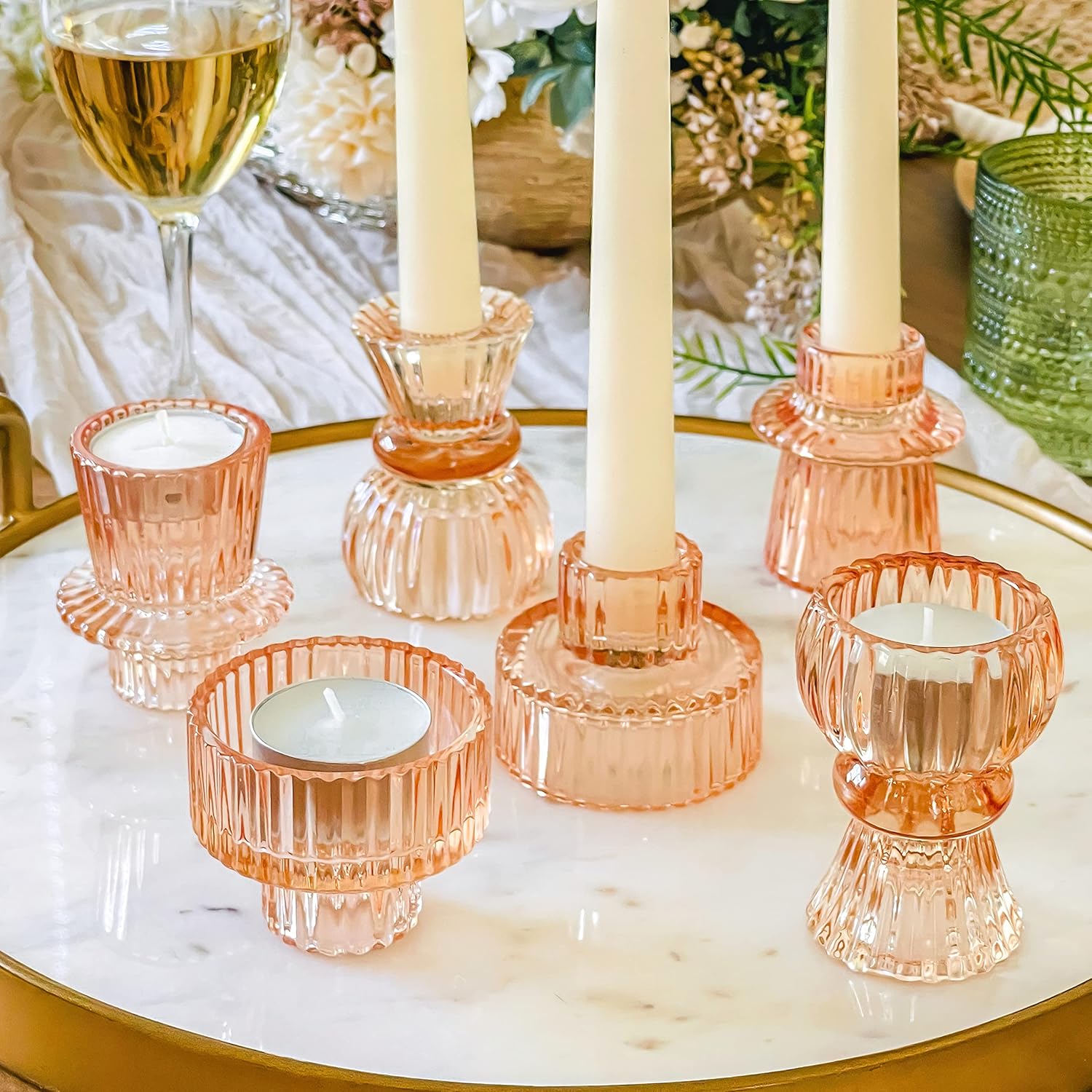 Kate Aspen Glass Taper Candle Holder Set of 6 - Rose Gold Ribbed Vintage Candlestick Votive Pillar Decorative Centerpiece for Dining Table Shelf Decor