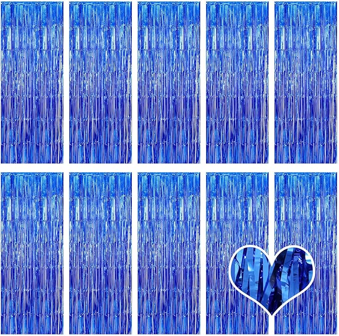 10 Pack Blue Backdrop Curtain 3.2ft x 8.2ft Metallic Tinsel Foil Fringe Curtains Photo Booth Background for Birthday Party Decoration Baby Shower Engagement Wedding Christmas Decoration (Blue)