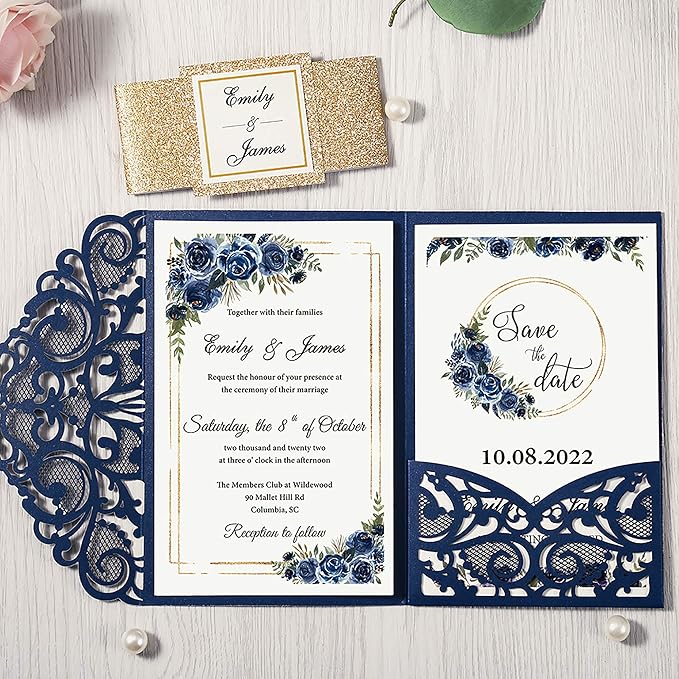 DORIS HOME 50PCS Laser Cut Wedding Invitations with Envelopes and RSVP Cards BLANK Inner With Gold Glitter Belly Band for Wedding Engagement Bridal Shower Party Invite 4.7x7 Inch Navy Blue