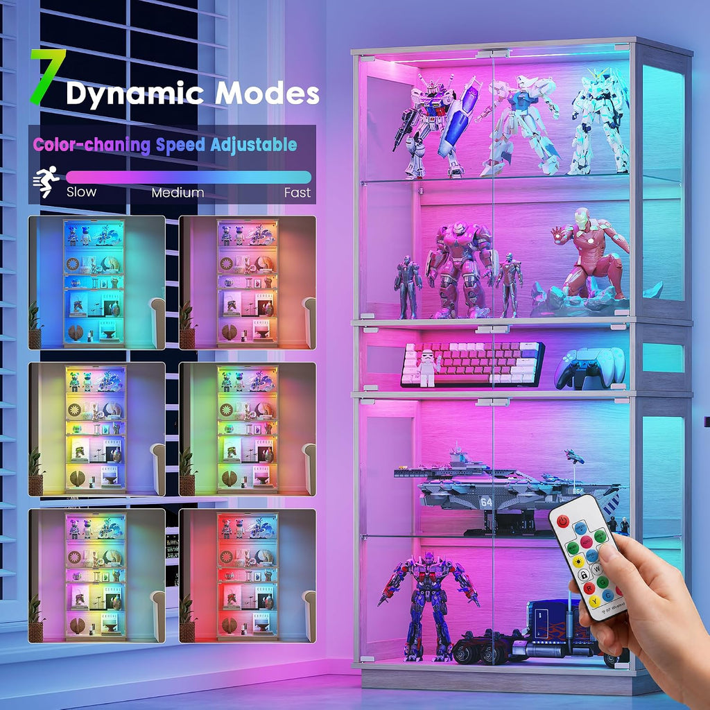 65" h rgb display cabinet with glass doors, close-up detail