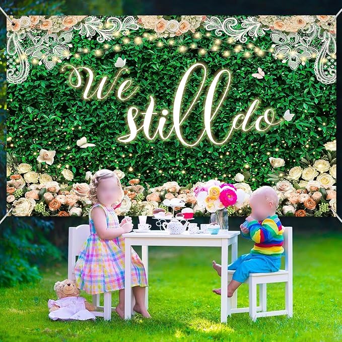 We Still Do Backdrop Green Leaves Lace Wedding Anniversary Photography Background Engagement Vow Renewal Bachelorette Party Decoration Banner Photo Booth Studio Props 7x5ft FU032YL