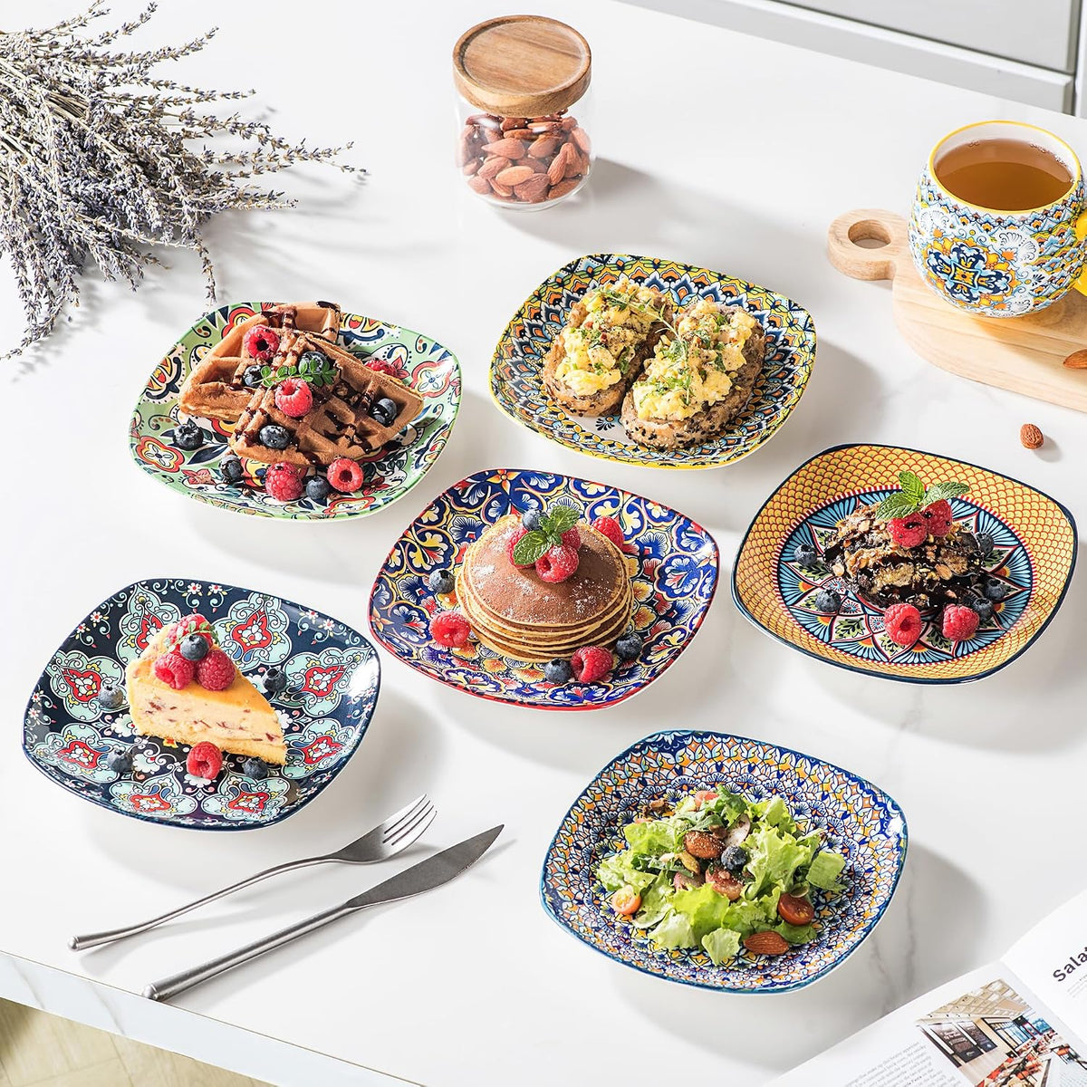 Boho Ceramic Dessert Plates Set of 6, 7.3 Inch Square Appetizer Plates