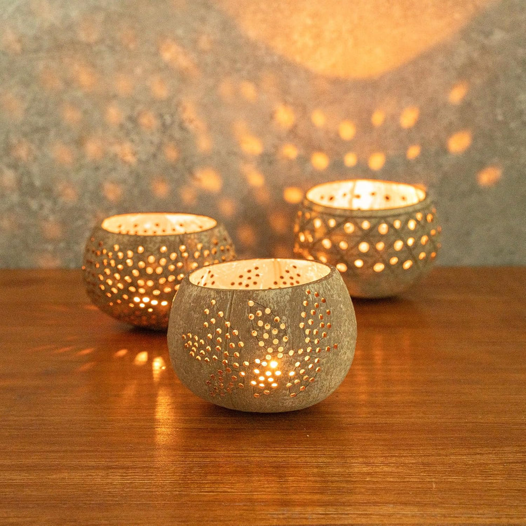 Restaurantware-Coco Casa 4 x 3.3 Inch Coconut Shell Candle Holders, 1 Reusable Tealight Holders - Candle Not Included, Leaf Pattern, Brown Coconut Bowls For Candles, Handcrafted