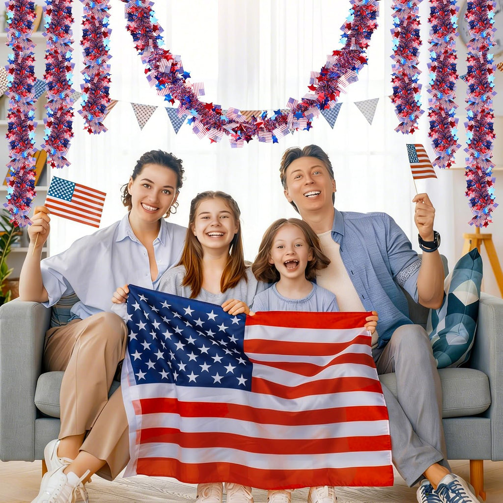 50FT Fourth of July Decorations Red White Blue Star American Flag Tinsel Garland, Glitter Patriotic Garland for Independence Day Memorial Day Decor Indoor Outdoor Patriotic Decor Party Home Classroom