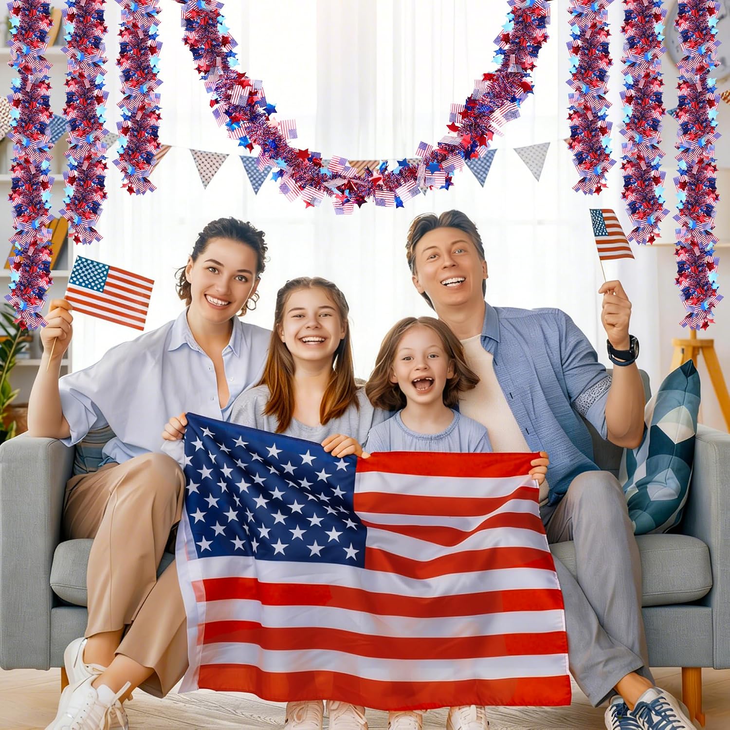50FT Fourth of July Decorations Red White Blue Star American Flag Tinsel Garland, Glitter Patriotic Garland for Independence Day Memorial Day Decor Indoor Outdoor Patriotic Decor Party Home Classroom