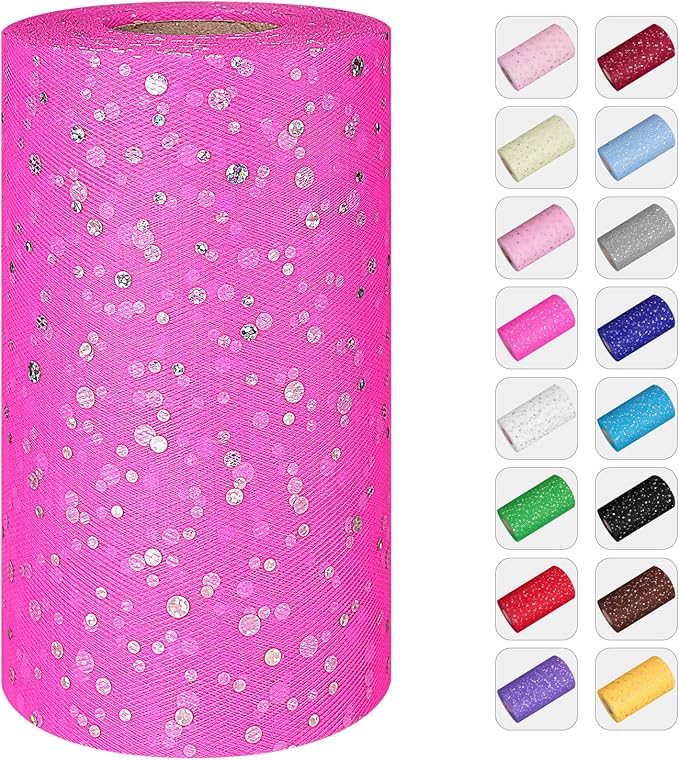 Glitter Tulle Rolls, 6' by 50 Yards (150FT) Sequin Tulle Netting Fabric for Tutu Skirts Sewing Birthday Wedding Party Decoration (Dark Pink)