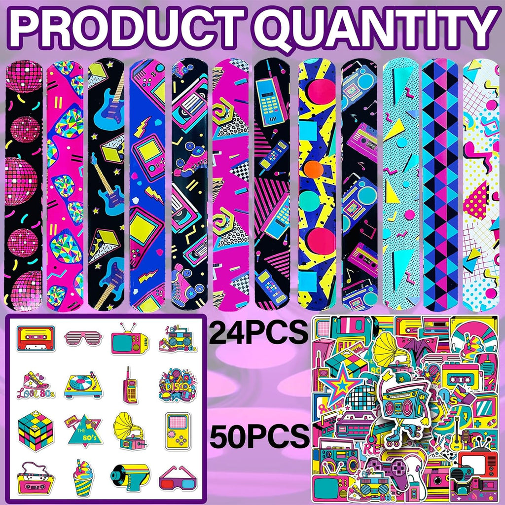 CZWXOXO 74Pcs 80s Theme Party Favors Contain 24 Pcs 80s Theme Slap Bracelets 50Pcs Stickers, Retro Birthday Party Decorations,Classroom Rewards Supplies.