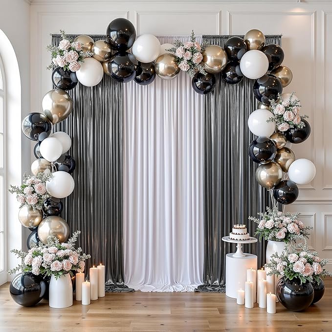 gogoparti 20x10FT Charcoal Silver Sequin Backdrop Curtain - 4 Panels of 5x10FT Wrinkle-Free Glitter Drapes for Photography, Birthdays, Weddings & Graduations