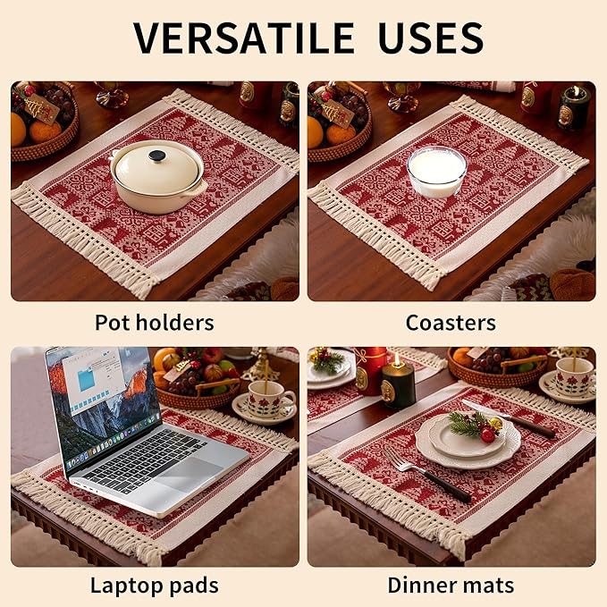 Placemats Set of 4,Christmas Tree Placemat with Tassel Fringe,Gift Placemats for Coffee Table Western Restaurant