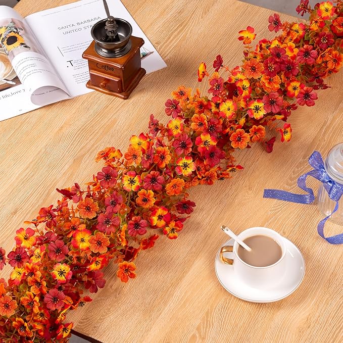 Fall Mums Flowers Artificial Garland for Decoration, 4 Pack 5.9 FT Faux Mums with Eucalyptus Leaves Ivy, UV Resistant Fake Fall Daisy Floral Vine Flowers for Home Garden Wedding Backdrop Decor
