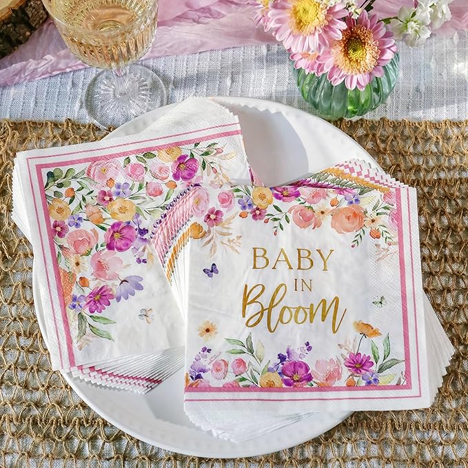Kate Aspen Baby in Bloom 62 Piece Party Tableware Set Baby Shower Party Decorations Plates & Napkins, Vibrant Floral Botanical (16 Guests)- Perfect for Greenery Baby Shower