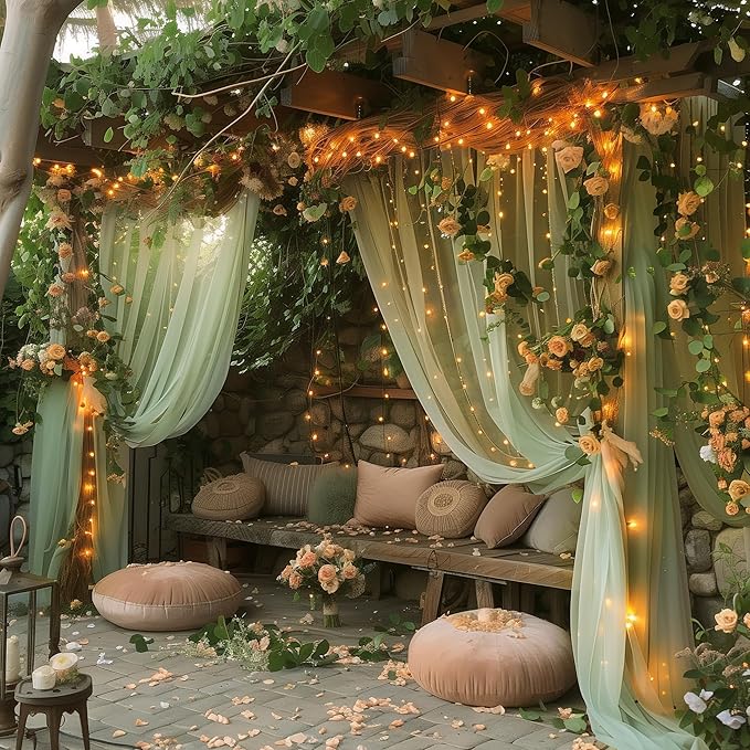 Fomcet Sage Green Tulle Backdrop Curtains with Lights String 10FT X 8FT Sheer Curtain with Lights Tulle Curtains Backdrop for Wedding Birthday Party Photo Shoot (2 Panels 5x8FT)