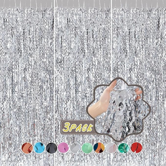 3 Pack Wave Silver Tinsel Curtain - 3.3x6.6 Feet Foil Streamers Birthday Party Decorations Wedding Background Decor Photo Booth Props