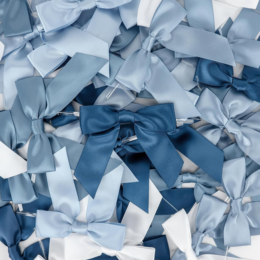 AIMUDI 5 Colors Dusty Blue Twist Tie Bows 3.5" Premade Blue Satin Ribbon Bows for Gift Wrapping Pre-Tied Treat Bows for Wedding Decor, Bridal Shower, Baby Shower, Wreaths, Party Favors - 50 Counts