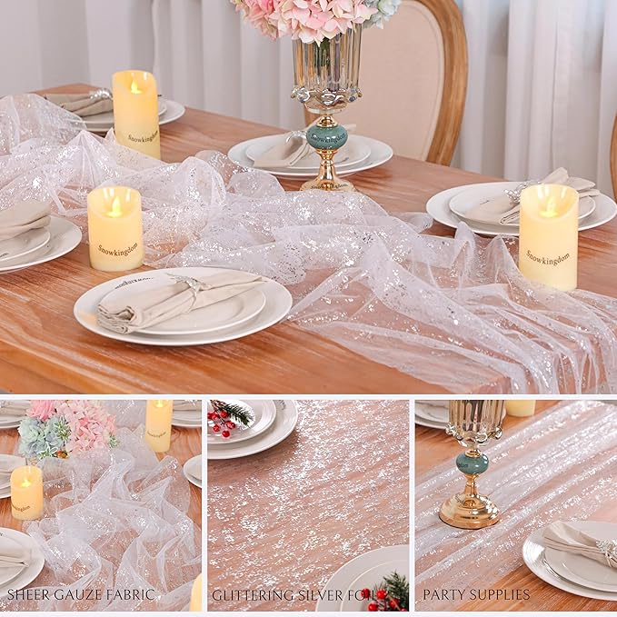 Snowkingdom 3 Pcs 10 FT Silver Cheesecloth Table Runner, 120 Inch Sheer Chiffon Gauze Runner, Sequin Glitter Silver Table Decoration Centerpieces for Wedding Birthday Christmas Bridal Baby Shower