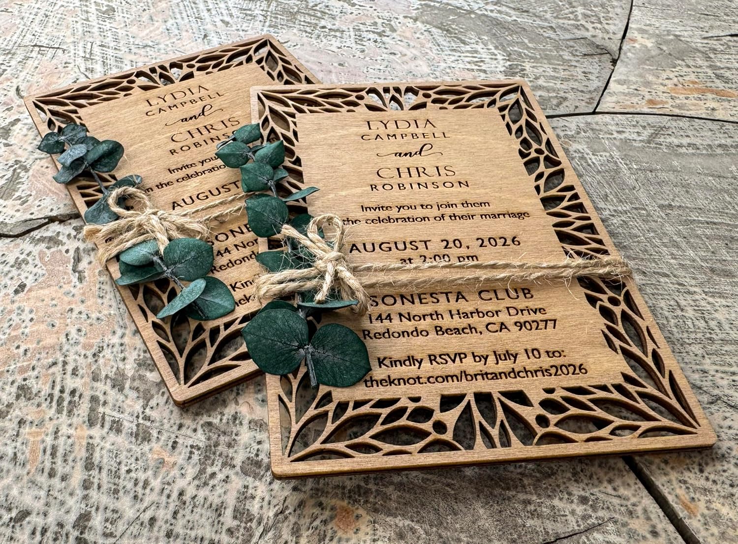 Pack of Floral Personalized Wedding Invitations - Laser Cut Wedding Invitation - Flower Twined Wooden Invitations with Envelopes & Stickers