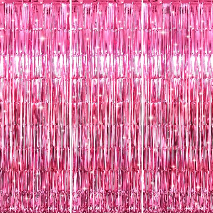 GOER 3.2 ft x 8.2 ft Metallic Tinsel Foil Fringe Curtains Party Photo Backdrop Party Streamers for Galentines Day,Birthday,Graduation,New Year Eve Decorations Wedding Decor (3 Pcs, Hot Pink)