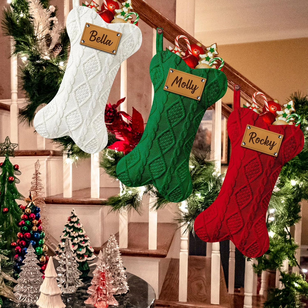 Funny DIY Personalized Dog Christmas Stocking, Large Bone Shape Cable Knit Custom Name Embroidered Dog Xmas Stockings, Knitted Hanging Stockings Pets