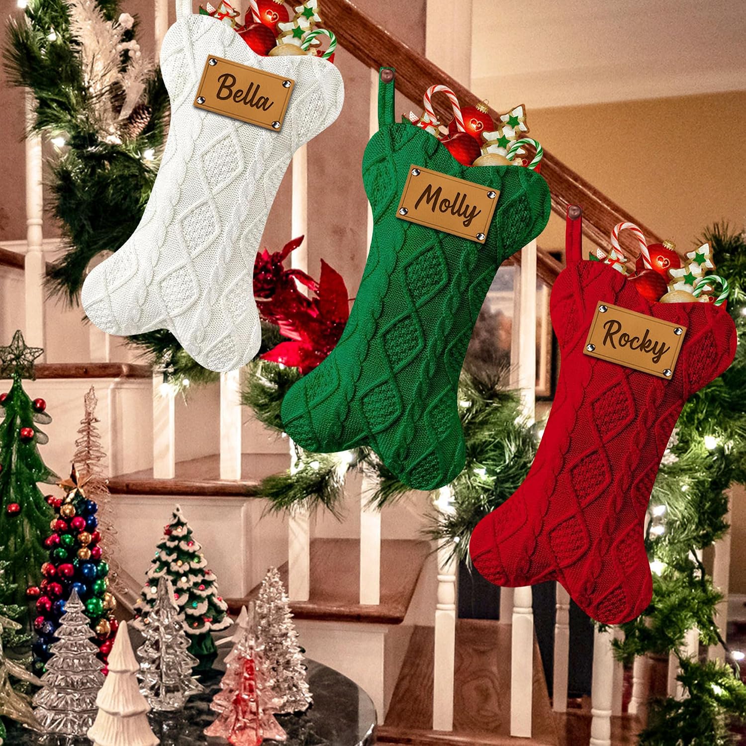 Funny DIY Personalized Dog Christmas Stocking, Large Bone Shape Cable Knit Custom Name Embroidered Dog Xmas Stockings, Knitted Hanging Stockings Pets