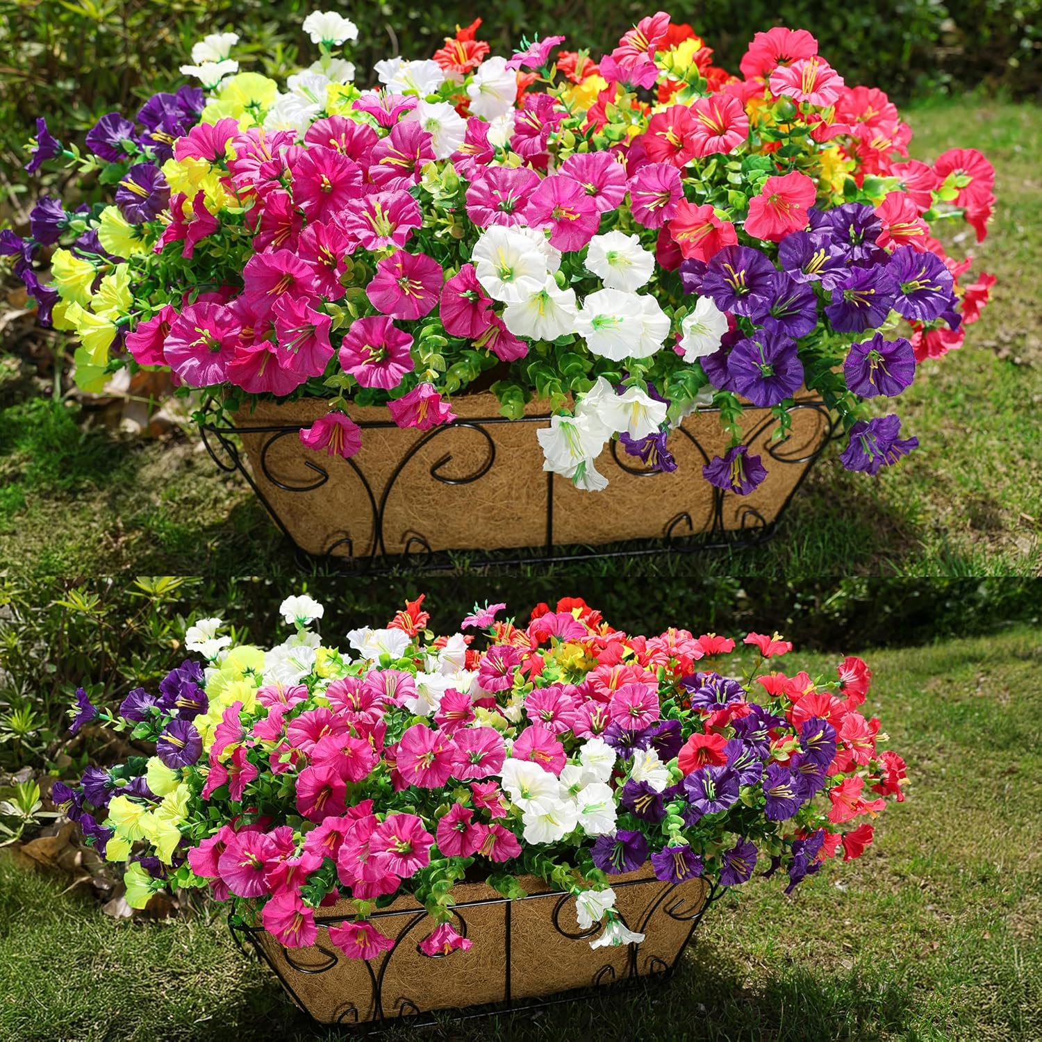 HyeFlora Artificial Flowers for Outdoors Fake Plants Outside Decoration, 12 Bundles Silk Colorful Morning Glory with Eucalyptus UV Resistant Realistic Faux Flowers for Planter Porch Patio Yard Garden