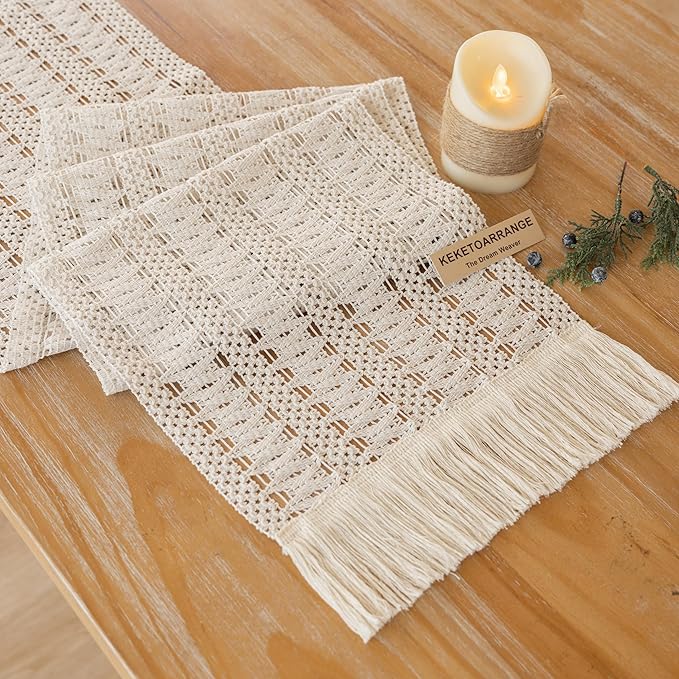 Boho Table Runner White for Home Decor 12x90 Inches Farmhouse Macrame Burlap Jute Rustic Dining Kitchen Centerpiece Bohemian Decor French Country Baby Bridal Shower Decorations