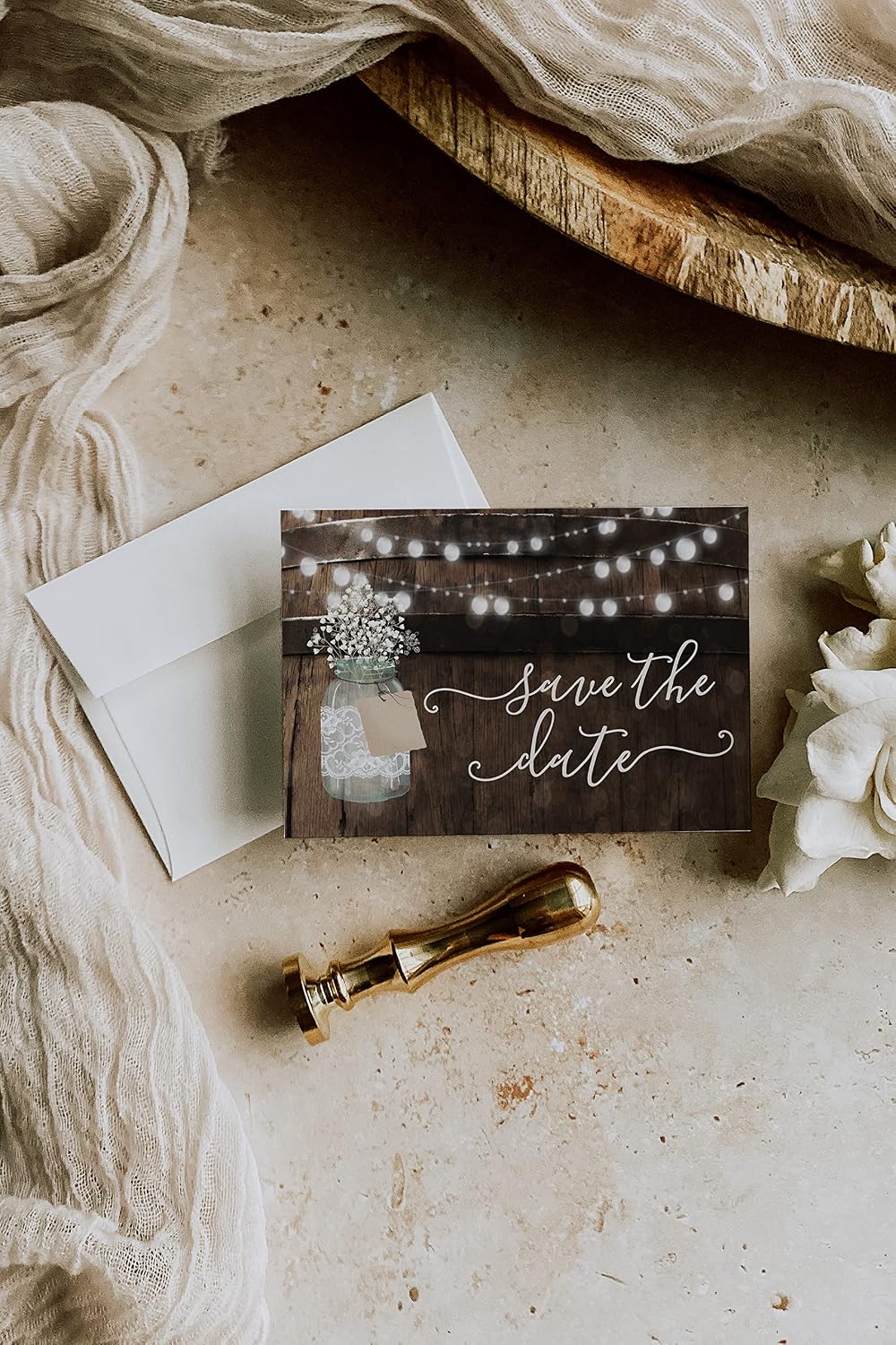 Your Main Event Prints 50 Rustic Mason Jar Save The Date Cards for Wedding, Engagement, Anniversary, Baby Shower, Birthday Party, Wood Save The Dates Postcard Invitations (Pack of 2)