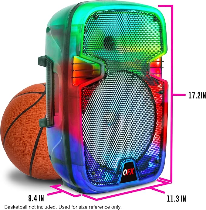 Crystal Clear Sound, Bright Party Lights, Portable & Easy to Use | 8" Rechargeable Bluetooth PA Karaoke Loud Party Speaker, 5-Hour Playtime | TWS, USB, TF, AUX, FM Radio | QFX | TMS-853