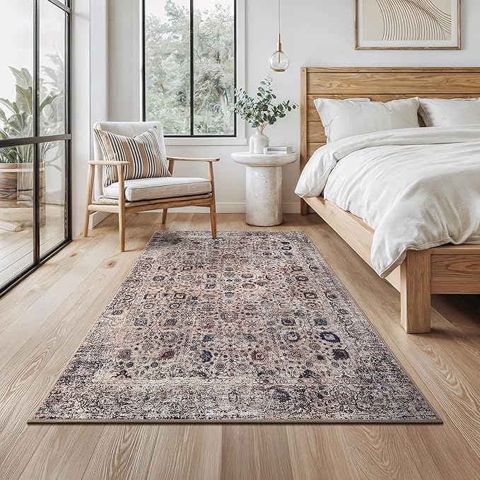 Bloom Rugs Washable Non-Slip 4' x 6' Rug - Light Tan/Blue Traditional Oriental Area Rug for Living Room, Bedroom, Dining Room, and Kitchen - Exact Size: 4' x 6'