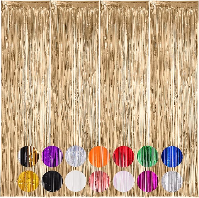 4 Pack Champagne Foil Fringe Backdrop Curtains, Tinsel Streamers Birthday Party Decorations, Fringe Backdrop for Graduation, Baby Shower, Gender Reveal, Disco Party