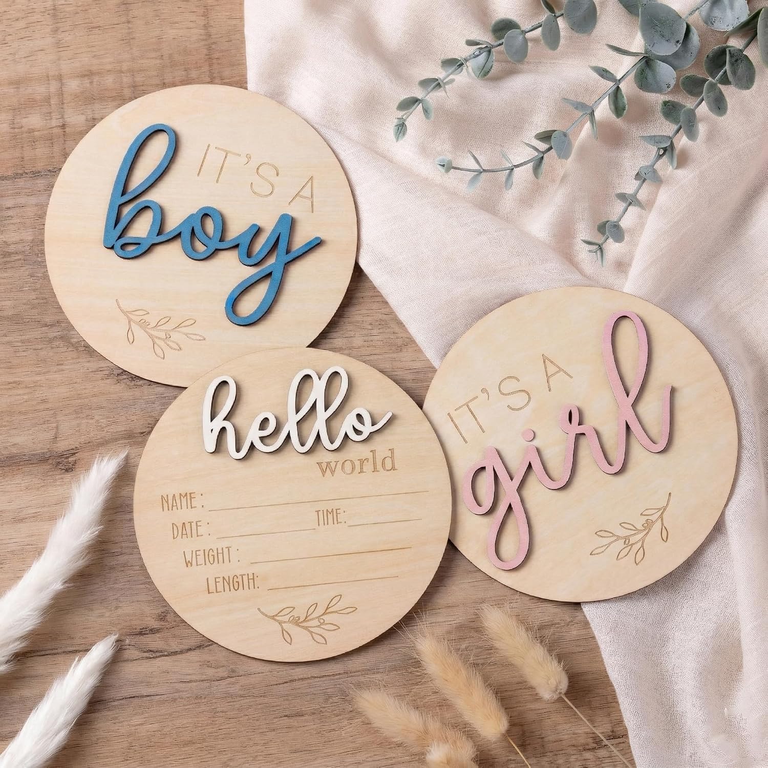 Gender Reveal Sign for Baby Birth: 3Pcs It's A Boy Girl & Hello World Announcement Sign for Hospital - Wooden Newborn Welcome Board for New Boys and Girls