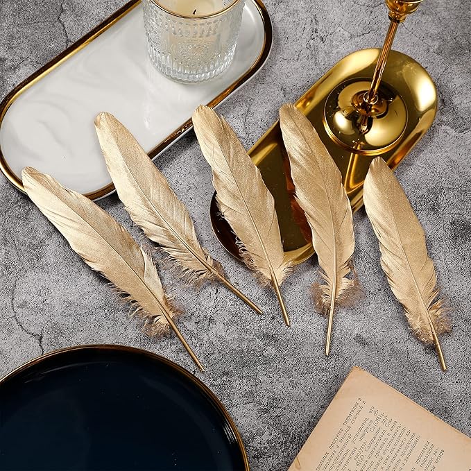 Larryhot Gold Goose Feathers for Crafts - 6-8 inch 60 pcs Natural Feathers for Wedding Party Decorations,DIY Crafts and Clothing Accessories (Gold)