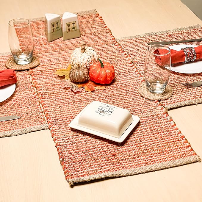Chardin home Natural Jute Table Runner 13x48 Inch – Vintage Boho Rustic Table Decor – Handwoven Table Runner in Natural Jute and Rust Orange – Farmhouse Dining or Console Table Accent