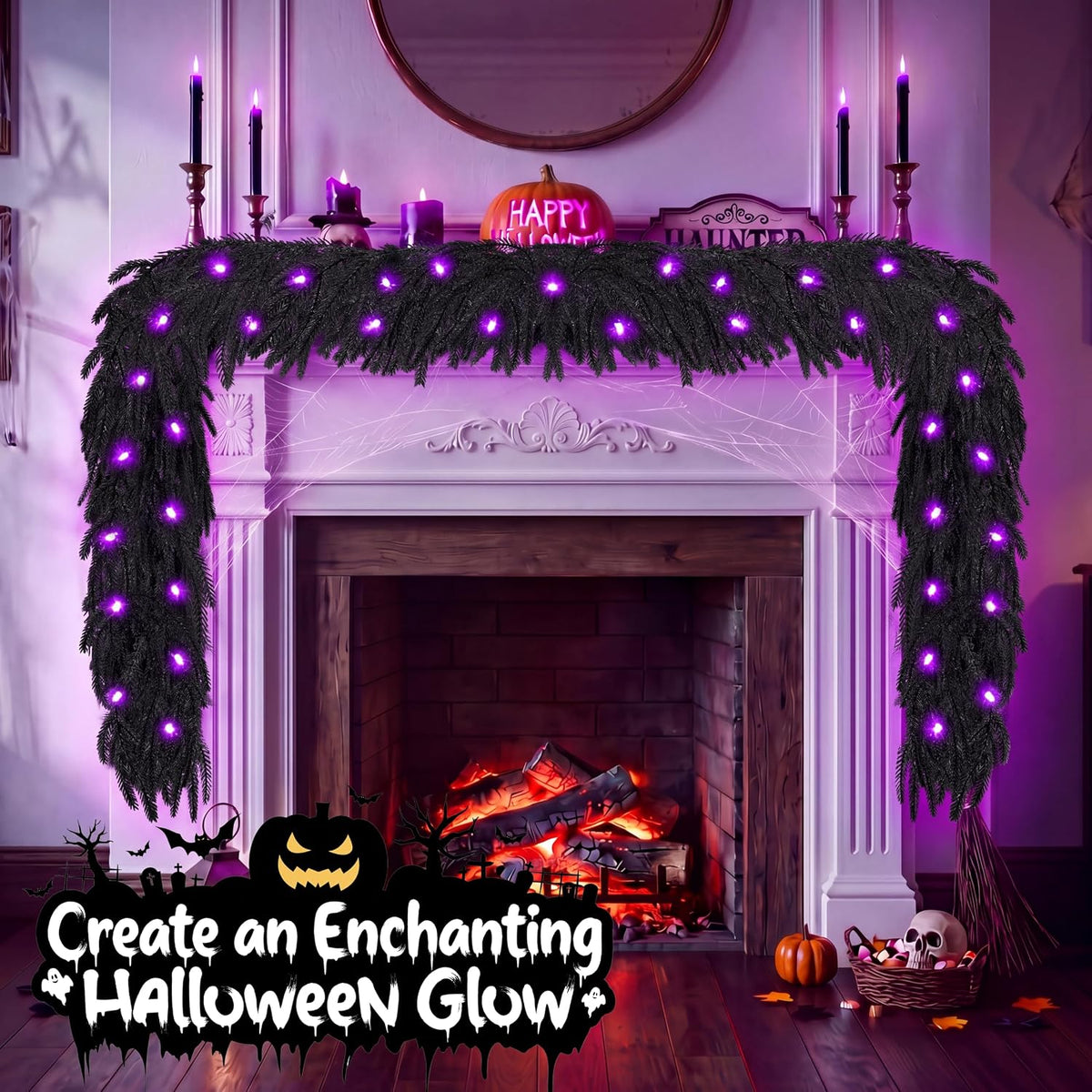 doiown pre-lit 6ft black norfolk pine halloween garland shown in use