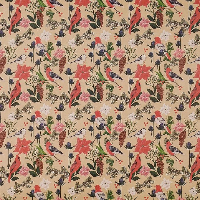 RUSPEPA Kraft Christmas Wrapping Paper Roll, Mini Roll, Watercolor Bird and Botanical Design with Flowers & Pinecones, Kraft Gift Wrap for Women, Friends, Holiday, Winter Party, 17 Inches x 16.4 Feet