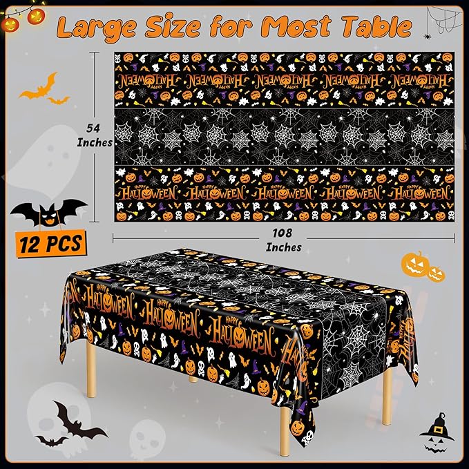 QZYL 12 Pack Halloween Plastic Tablecloth, 54" x 108" Pumpkin Decorations, Spider Webs Pumpkin Design Disposable Table Cloth Tablecover, Halloween Party Decor Dinnerware Indoor