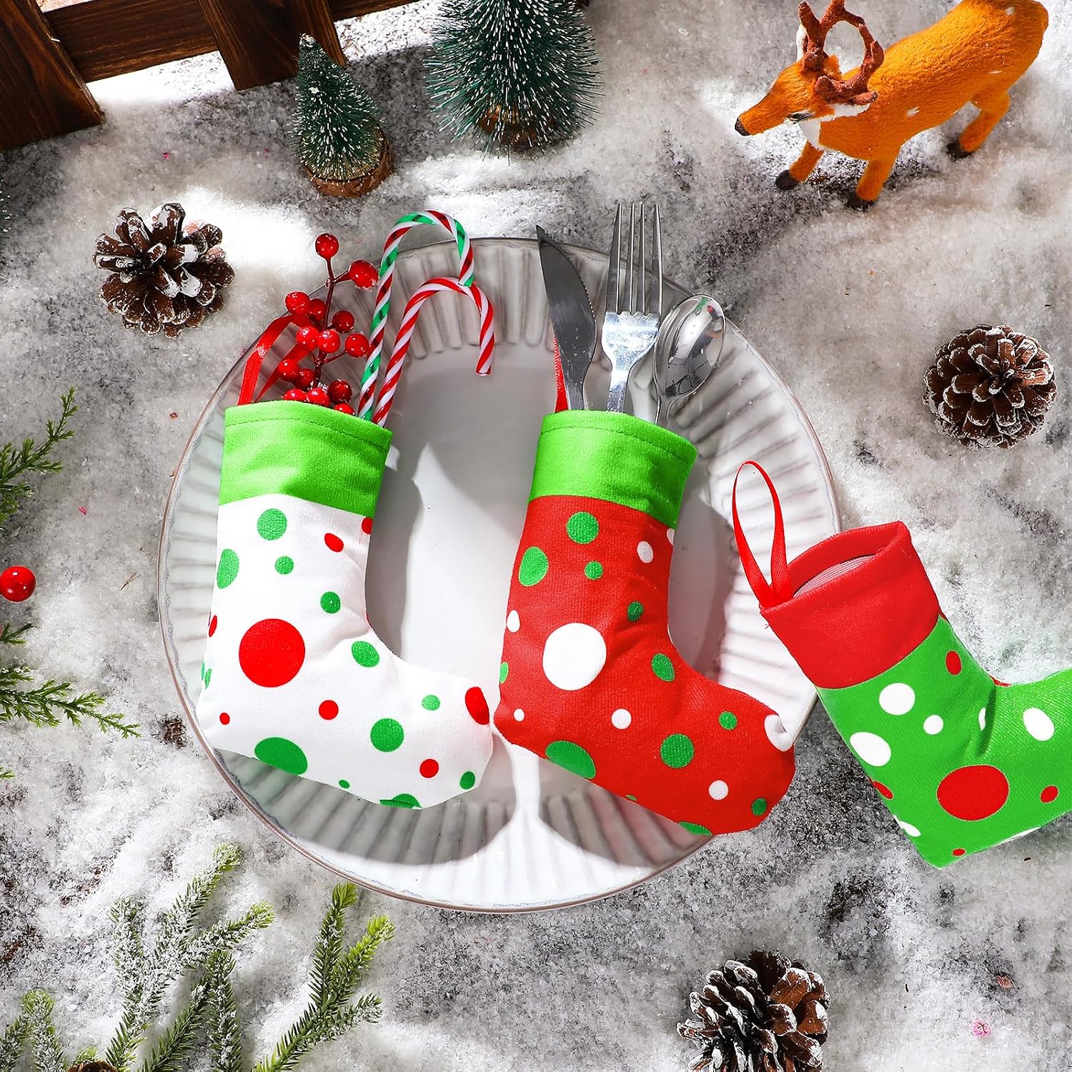 Realspring 24 Pcs Mini Christmas Stockings 6 Inches Red and Lime Green Small Stockings Christmas Dot Fireplace Hanging Decorations for Xmas Tree Fireplace Gift Present Filled